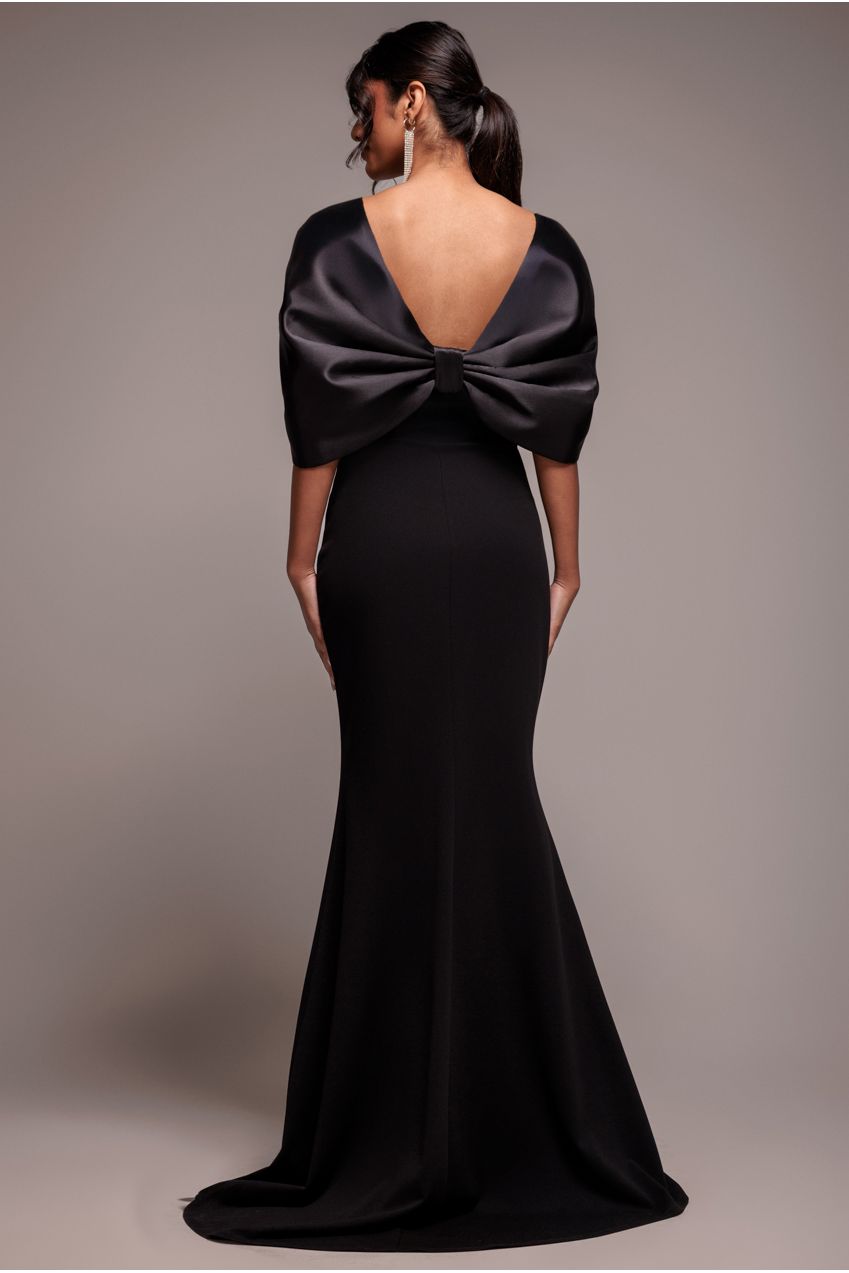 Off Shoulder Back Satin Bow Scuba Maxi Dress - Black