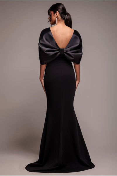 Goddiva Off Shoulder Back Satin Bow Scuba Maxi Dress