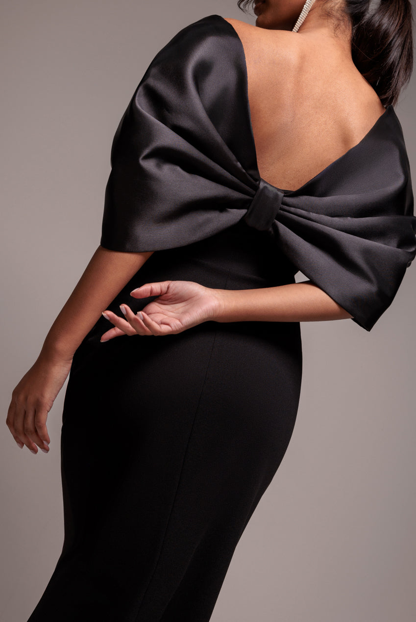 Goddiva Off Shoulder Back Satin Bow Scuba Maxi Dress - Black