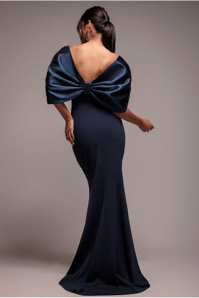 Goddiva Off Shoulder Back Satin Bow Scuba Maxi Dress