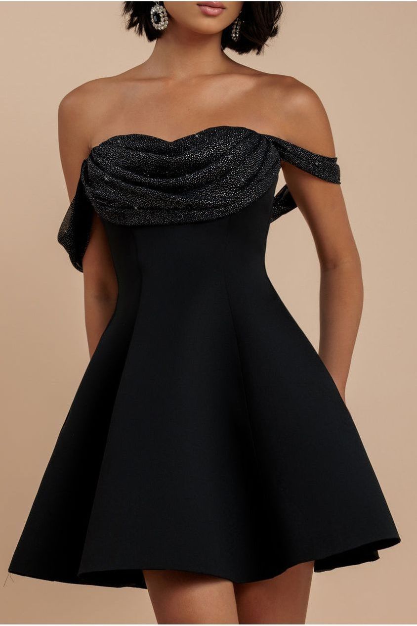 Goddiva Sparkle Chiffon Cowl Bardot Skater Mini Dress - Black