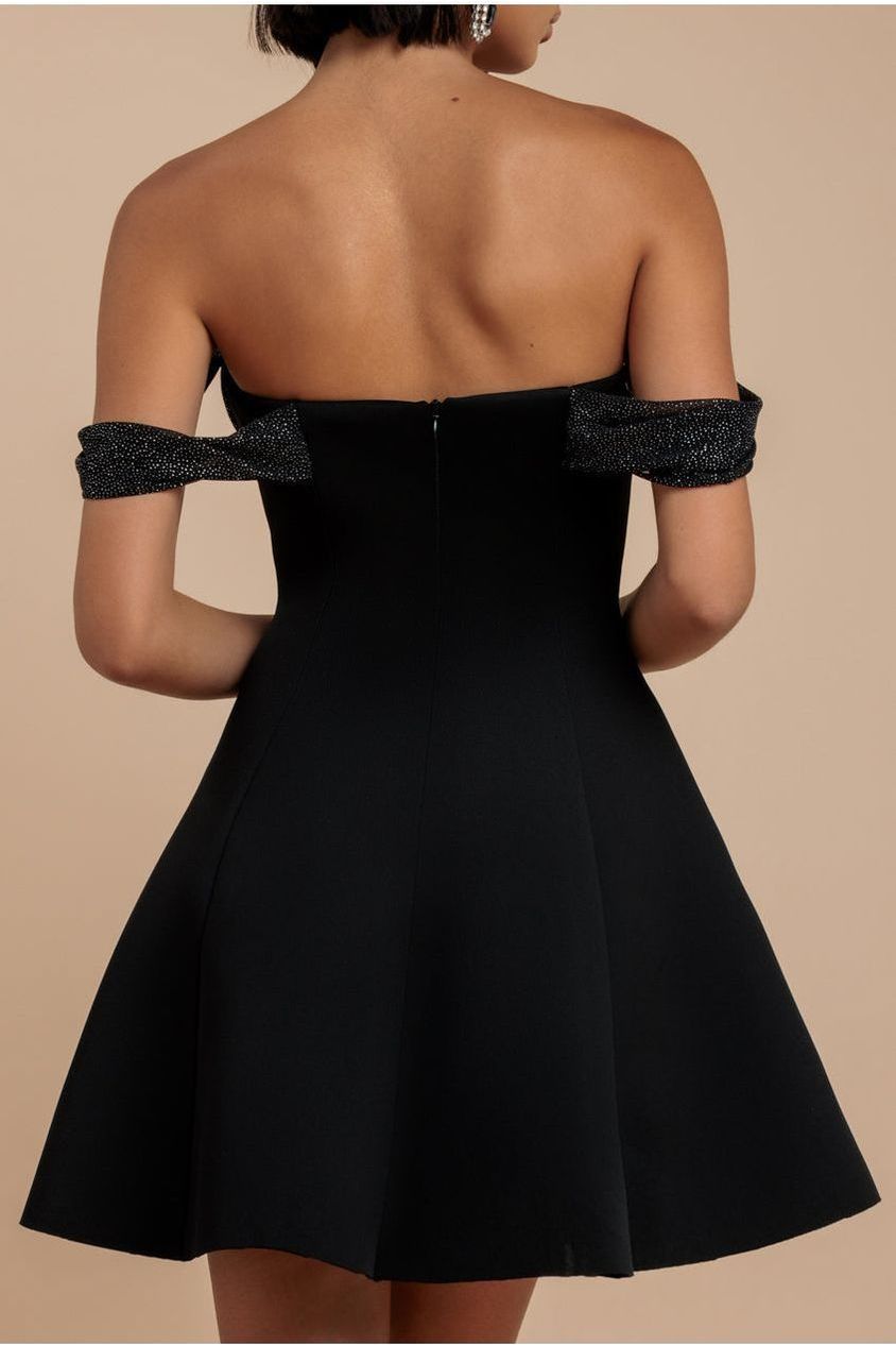 Goddiva Sparkle Chiffon Cowl Bardot Skater Mini Dress - Black