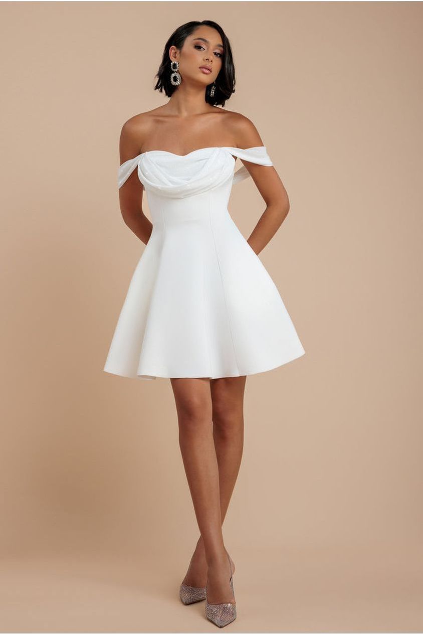 Goddiva Sparkle Chiffon Cowl Bardot Skater Mini Dress - Cream
