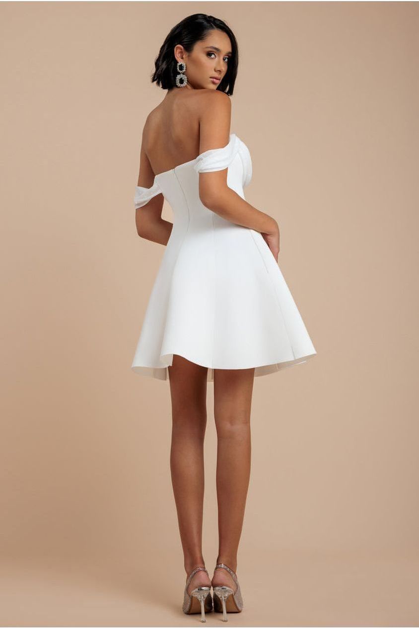 Goddiva Sparkle Chiffon Cowl Bardot Skater Mini Dress - Cream