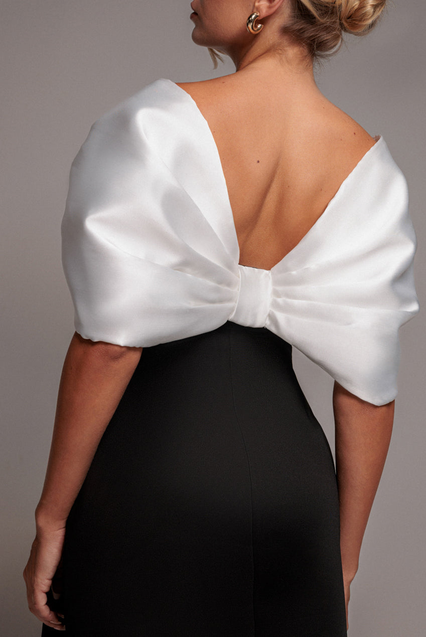 Goddiva Contrast Off Shoulder Back Satin Bow Scuba Mini Dress - Black Cream