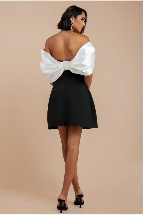 Goddiva Contrast Off Shoulder Back Satin Bow Scuba Mini Dress - Black Cream