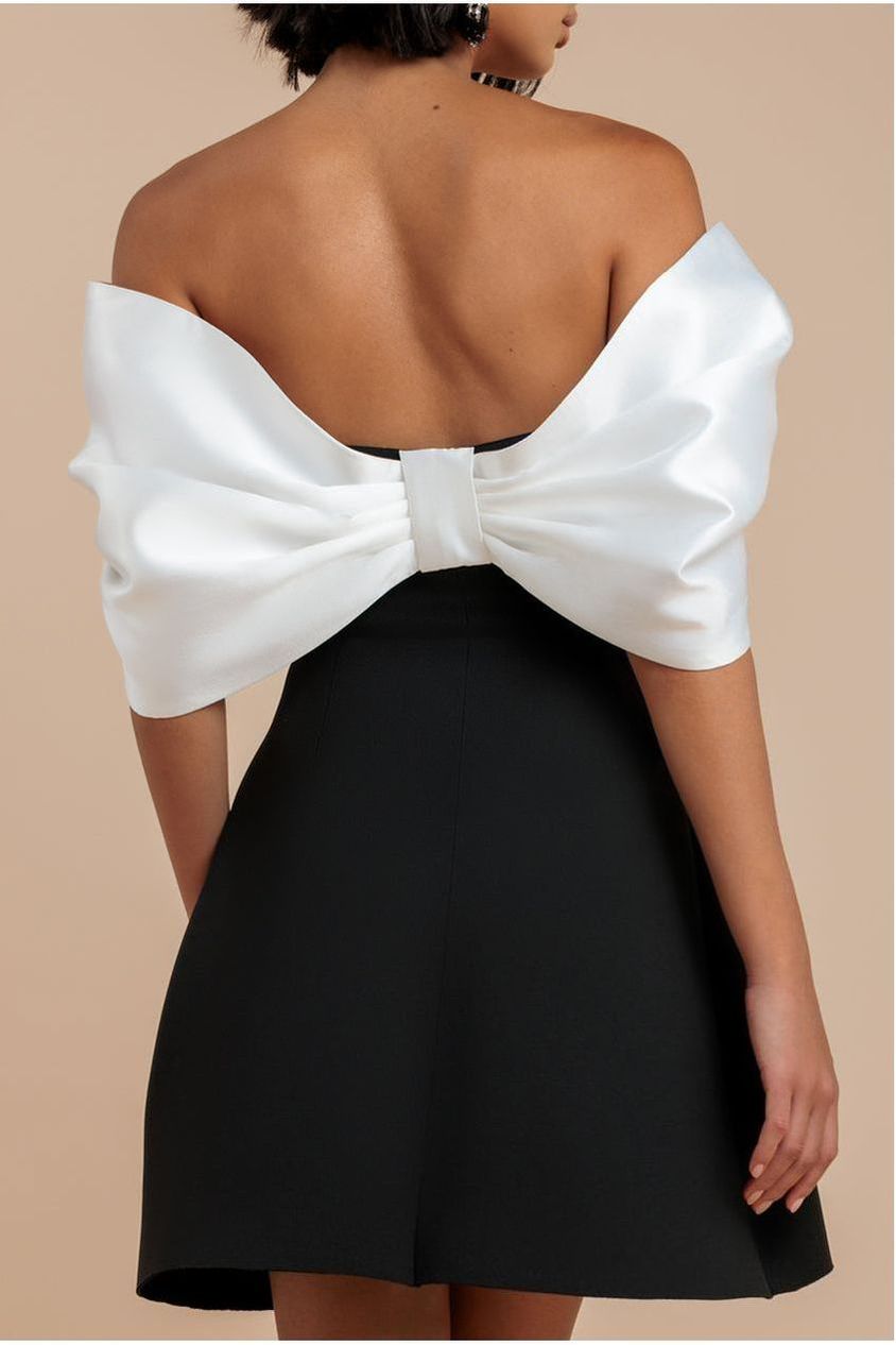 Goddiva Contrast Off Shoulder Back Satin Bow Scuba Mini Dress - Black Cream