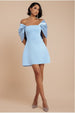 Goddiva Off Shoulder Back Satin Bow Scuba Mini Dress - Light Blue