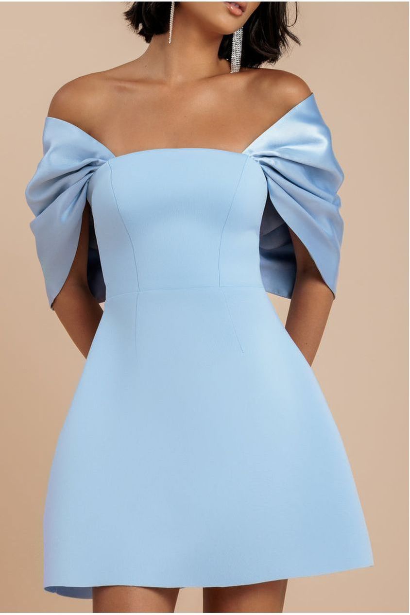 Goddiva Off Shoulder Back Satin Bow Scuba Mini Dress - Light Blue