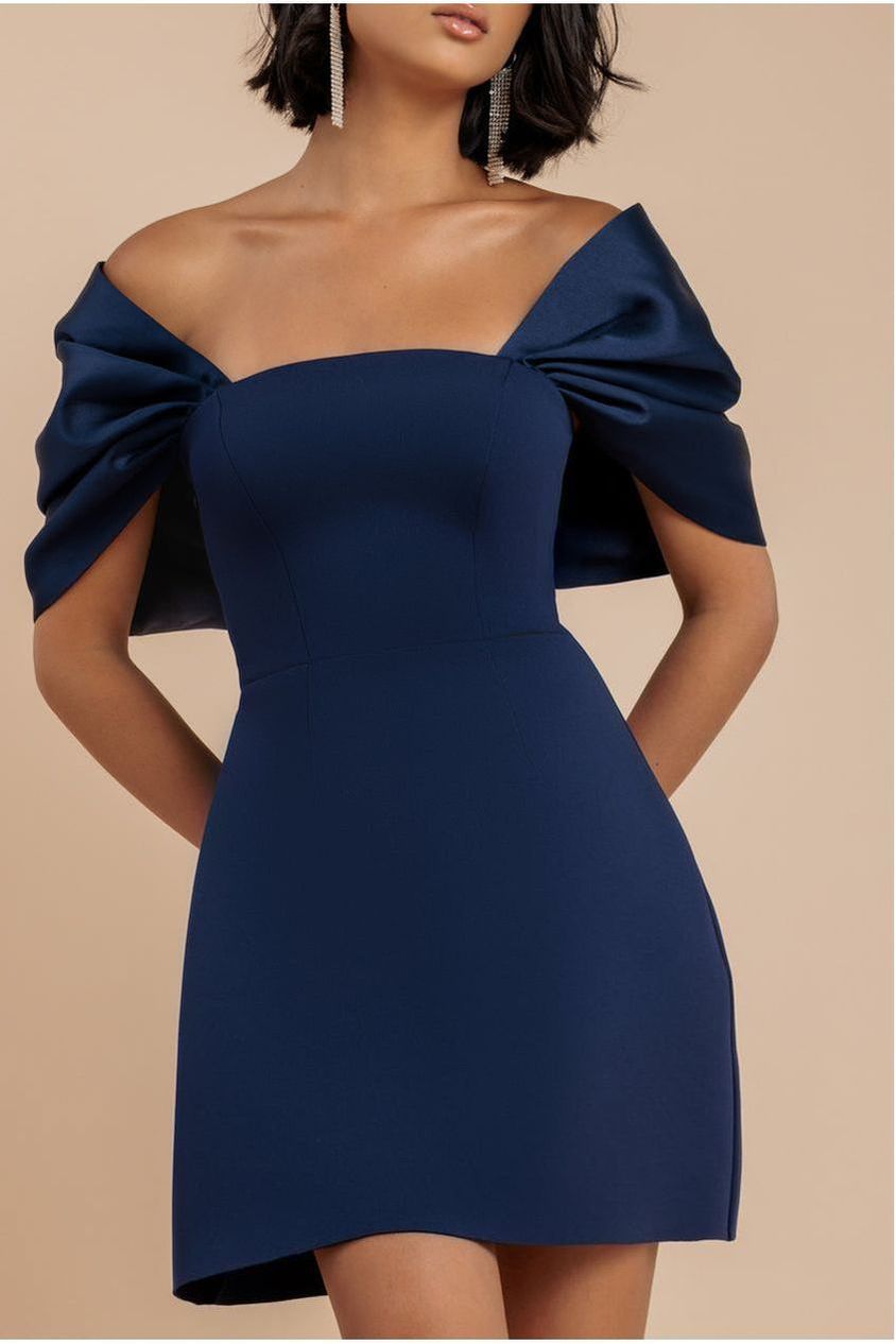 Goddiva Off Shoulder Back Satin Bow Scuba Mini Dress - Navy Blue