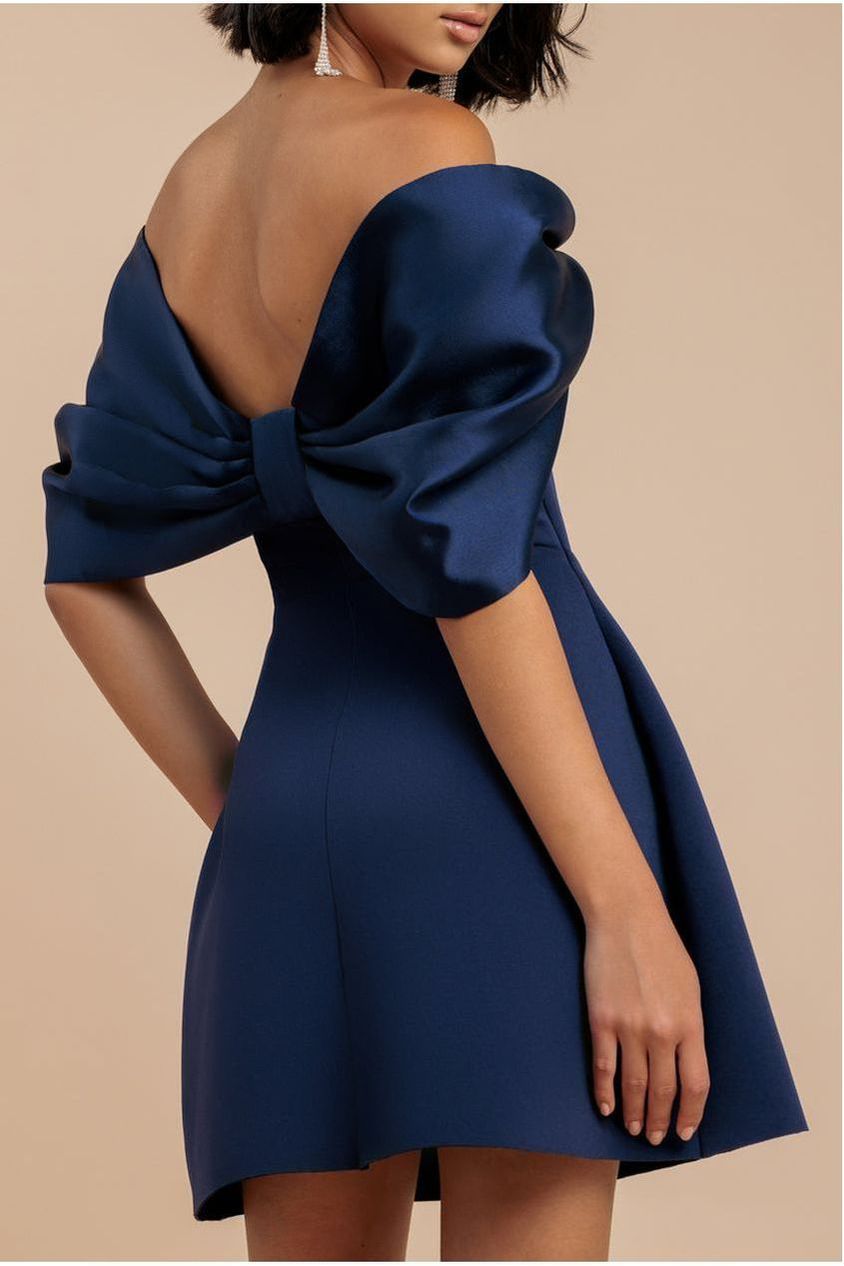 Goddiva Off Shoulder Back Satin Bow Scuba Mini Dress - Navy Blue