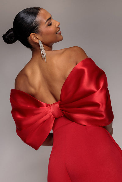 Red - Goddiva Off Shoulder Back Satin Bow Scuba Mini Dress - Red