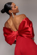 Goddiva Off Shoulder Back Satin Bow Scuba Mini Dress - Red
