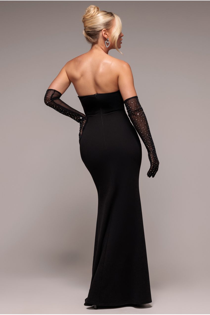 Goddiva Strapless Super Plunge Diamante Neck Maxi Dress - Black