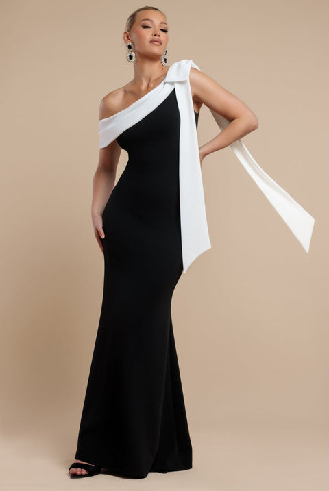 Goddiva One Shoulder Contrast Bow Maxi Dress - Black Cream