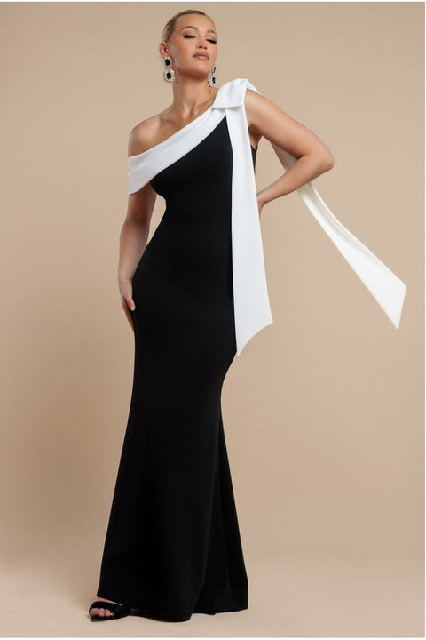 Goddiva One Shoulder Contrast Bow Maxi Dress - Black Cream