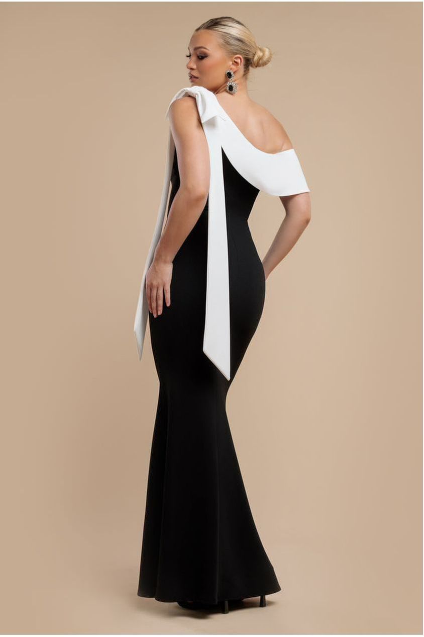 Goddiva One Shoulder Contrast Bow Maxi Dress - Black Cream