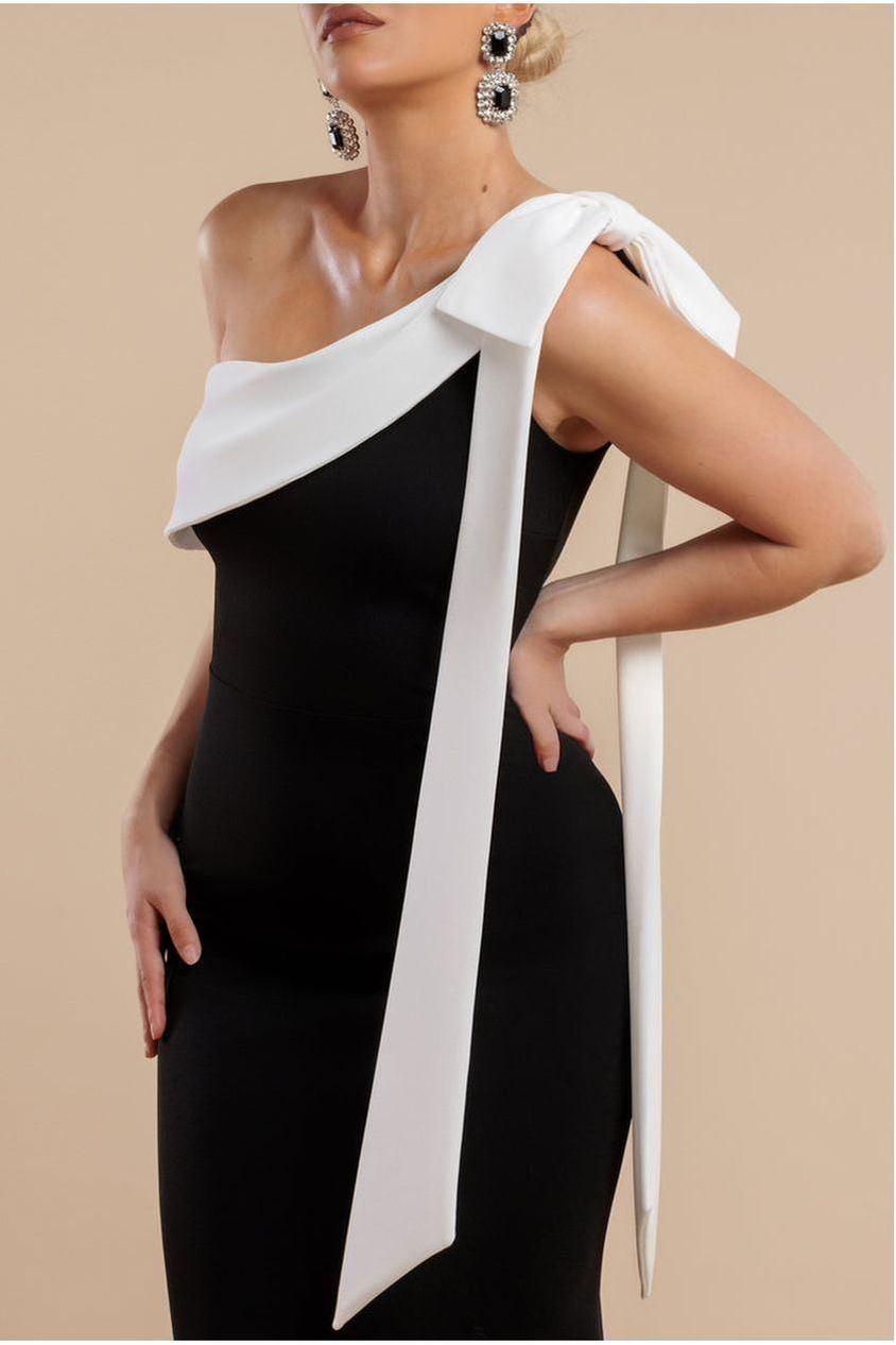 Goddiva One Shoulder Contrast Bow Maxi Dress - Black Cream