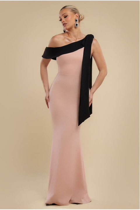 Goddiva One Shoulder Contrast Bow Maxi Dress - Nude Black