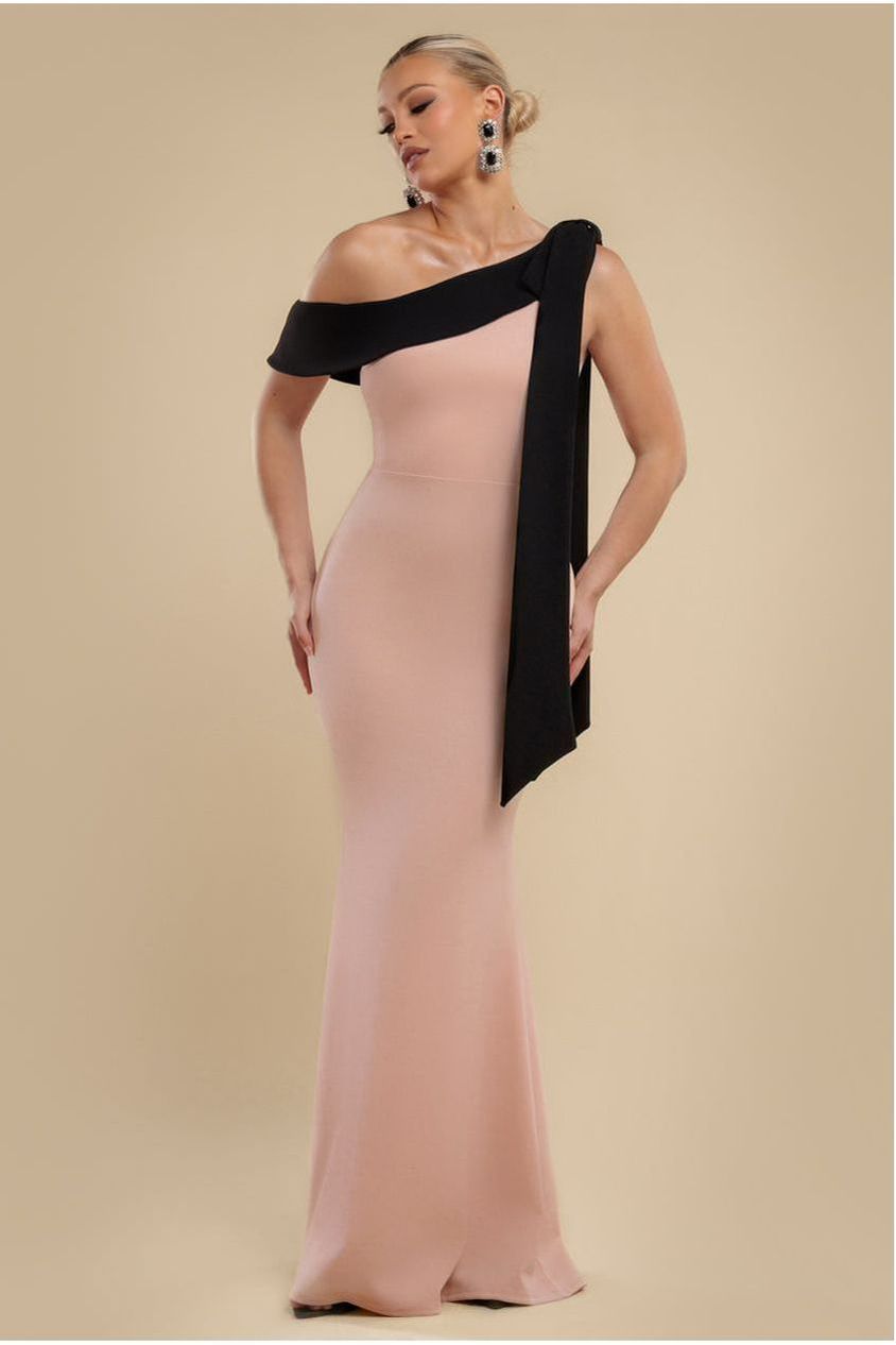 Goddiva One Shoulder Contrast Bow Maxi Dress - Nude Black