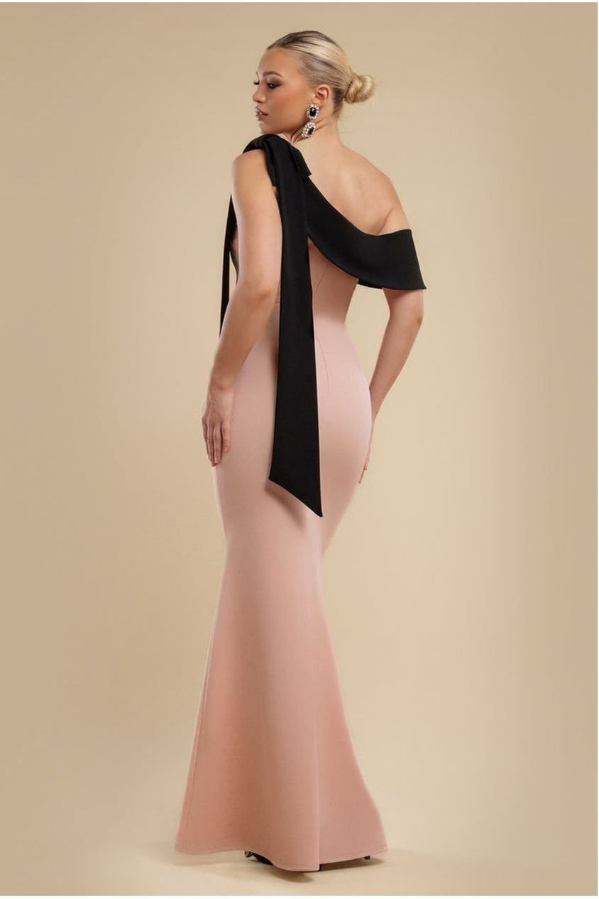 Goddiva One Shoulder Contrast Bow Maxi Dress - Nude Black