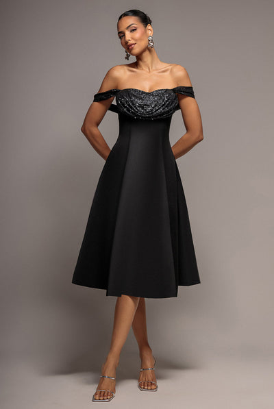 Goddiva Sparkle Chiffon Cowl Bardot Skater Midi Dress - Black