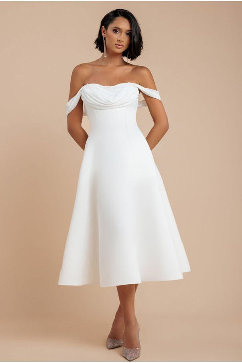 Goddiva Sparkle Chiffon Cowl Bardot Skater Midi Dress - Cream