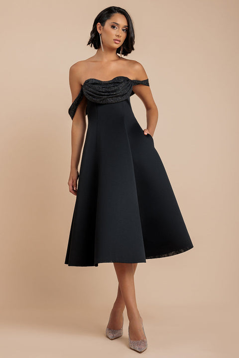 Goddiva Sparkle Chiffon Cowl Bardot Skater Midi Dress - Black
