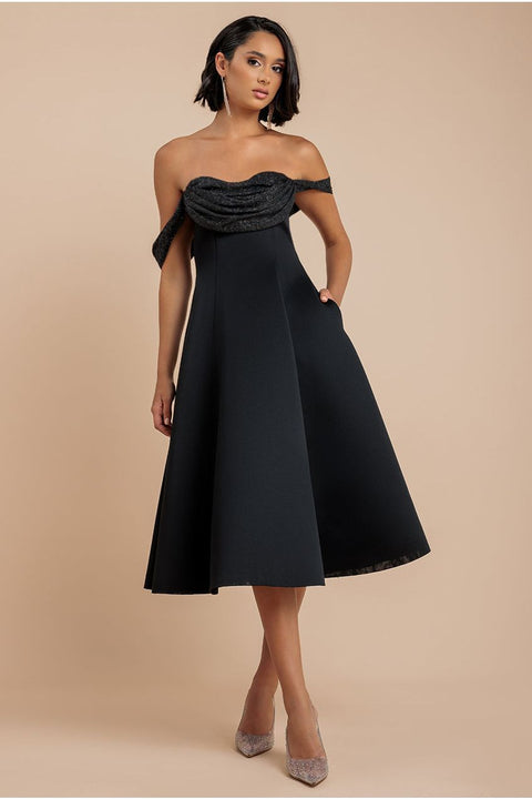 Goddiva Sparkle Chiffon Cowl Bardot Skater Midi Dress - Black