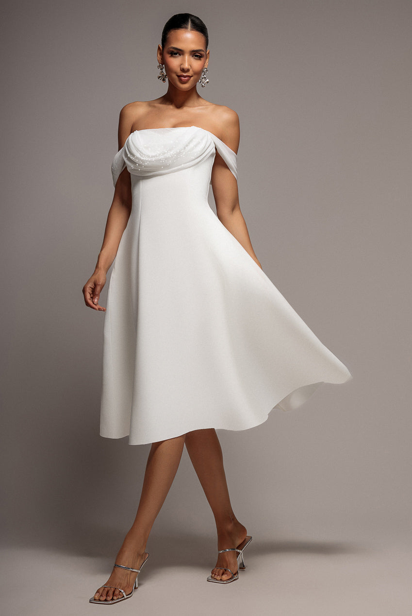 Sparkle Chiffon Cowl Bardot Skater Midi Dress - Cream