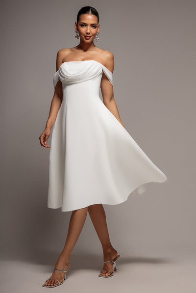 Goddiva Sparkle Chiffon Cowl Bardot Skater Midi Dress - Cream
