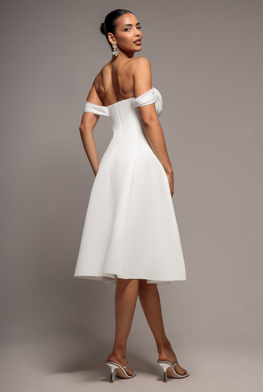 Goddiva Sparkle Chiffon Cowl Bardot Skater Midi Dress - Cream