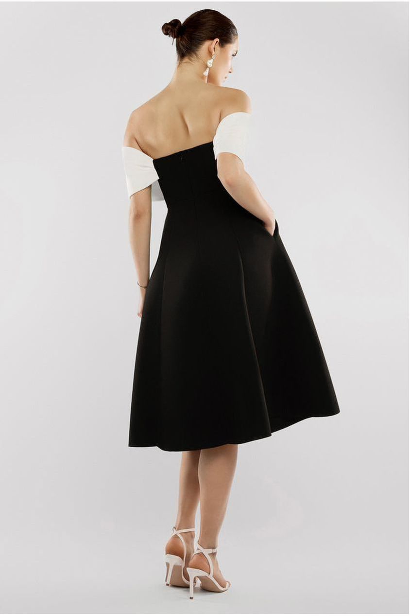 Goddiva Bow Off The Shoulder A Line Midi Dress - Black Cream