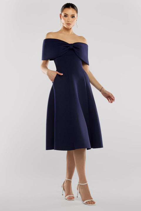 Goddiva Bow Off The Shoulder A Line Midi Dress - Navy Blue