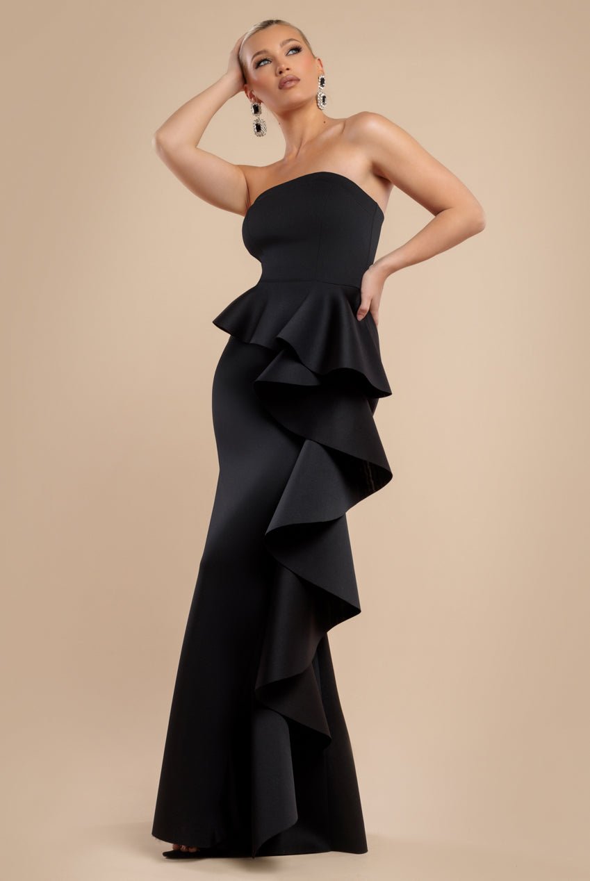 Goddiva Boobtube Peplum  Waterfall Frill Maxi Dress - Black