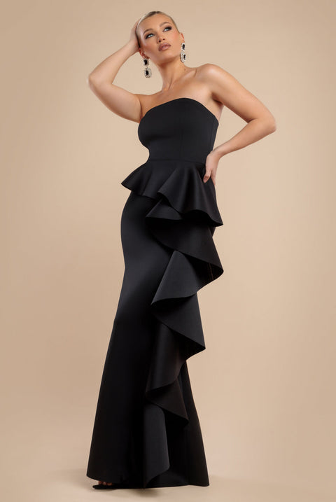 Goddiva Boobtube Peplum  Waterfall Frill Maxi Dress - Black