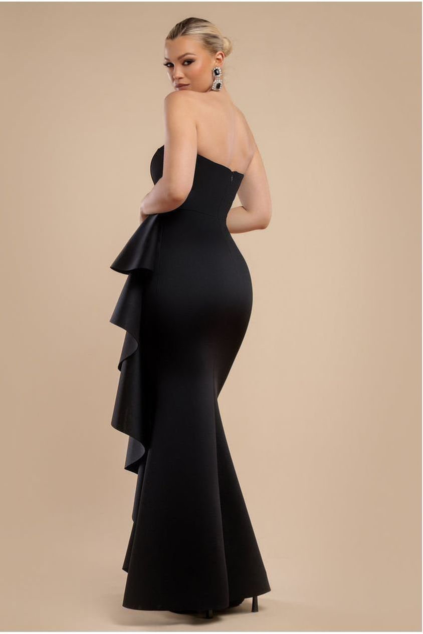 Goddiva Boobtube Peplum  Waterfall Frill Maxi Dress - Black