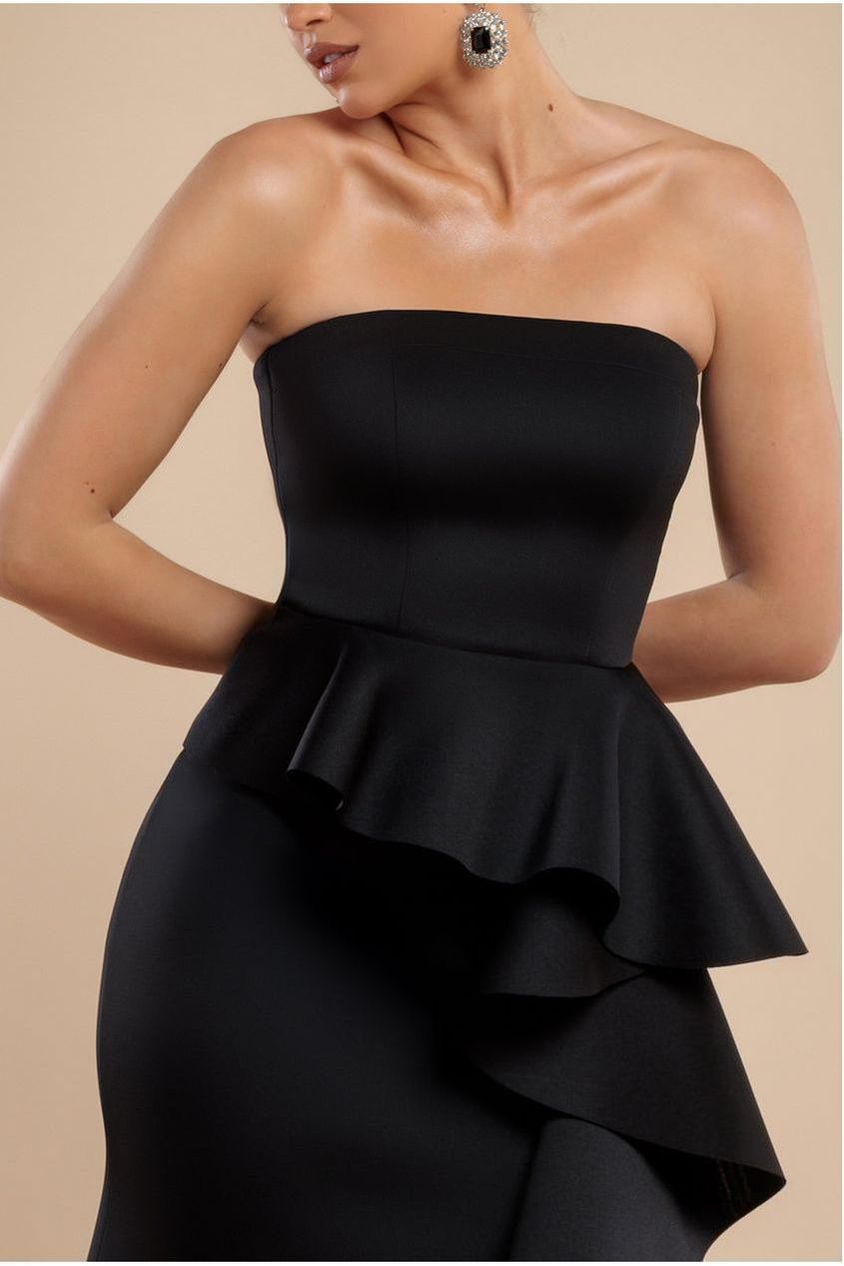 Goddiva Boobtube Peplum  Waterfall Frill Maxi Dress - Black