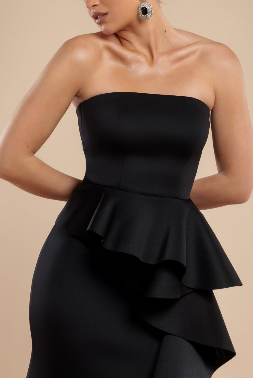 Goddiva Boobtube Peplum  Waterfall Frill Maxi Dress - Black