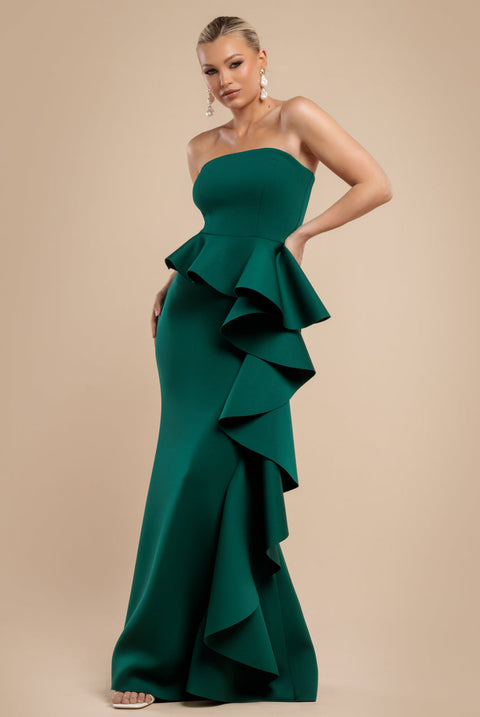 Goddiva Boobtube Peplum  Waterfall Frill Maxi Dress - Emerald Green