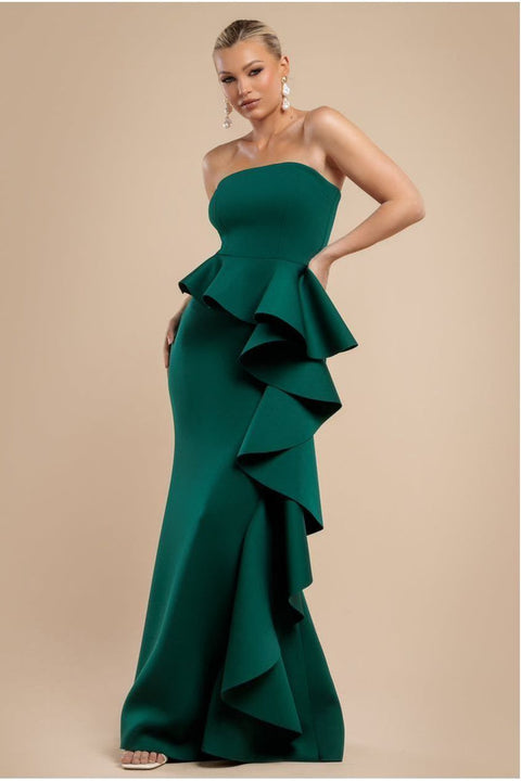 Goddiva Boobtube Peplum  Waterfall Frill Maxi Dress - Emerald Green