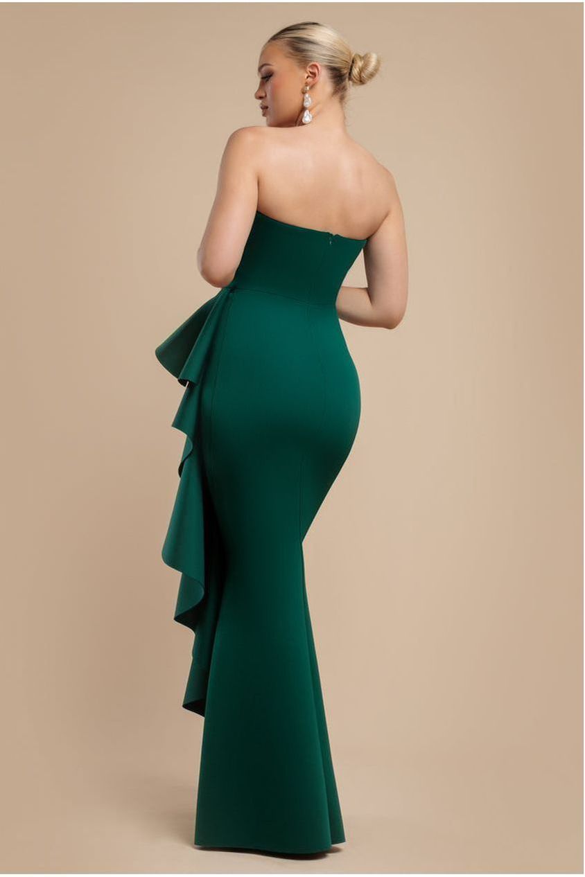 Goddiva Boobtube Peplum  Waterfall Frill Maxi Dress - Emerald Green