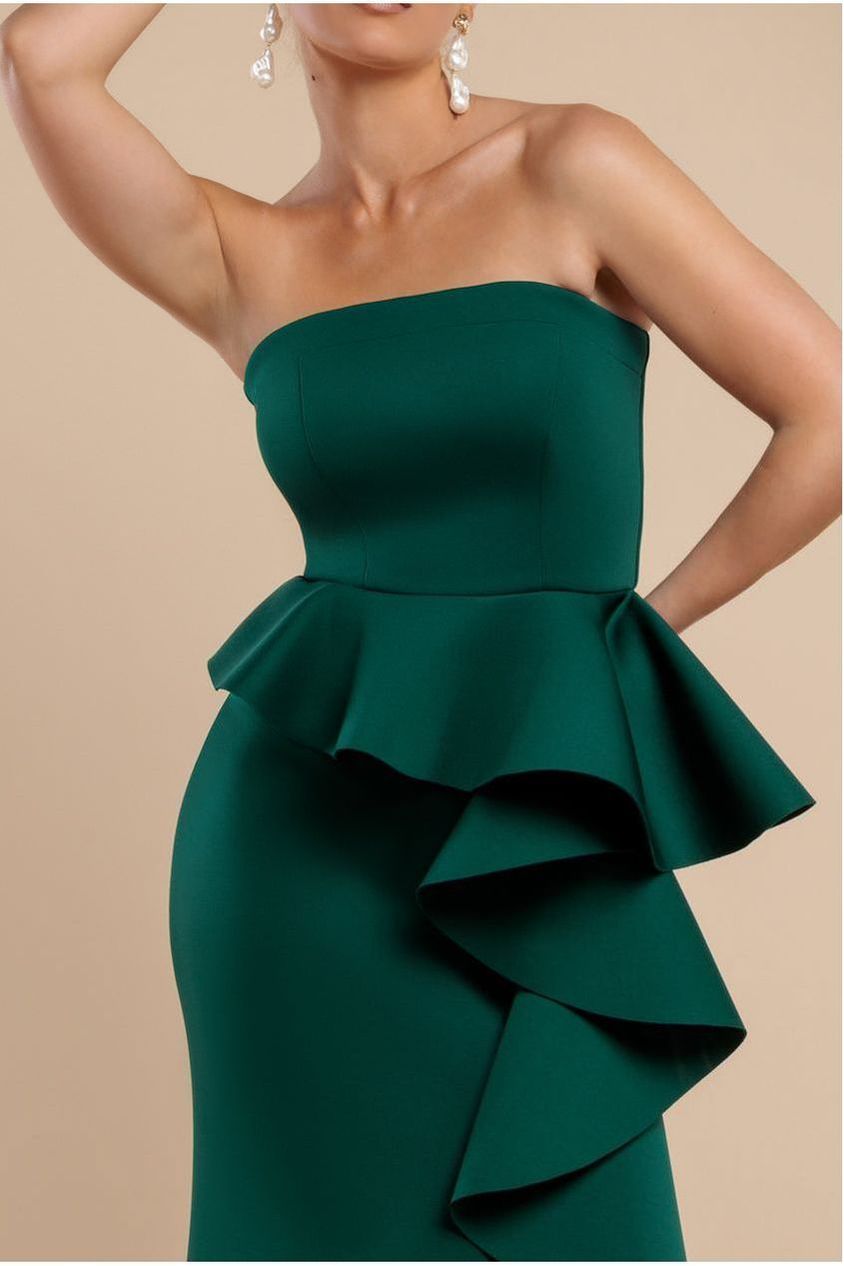 Goddiva Boobtube Peplum  Waterfall Frill Maxi Dress - Emerald Green