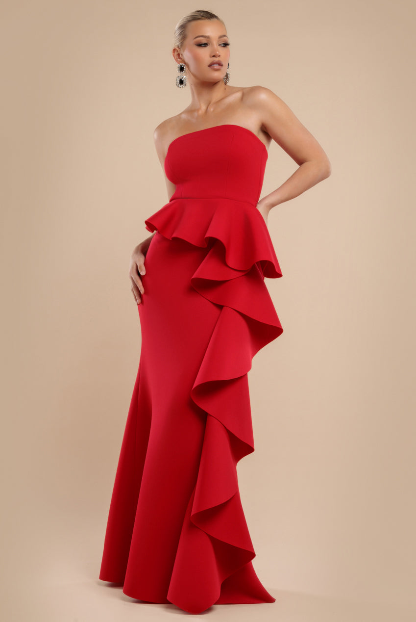 Goddiva Boobtube Peplum  Waterfall Frill Maxi Dress - Red