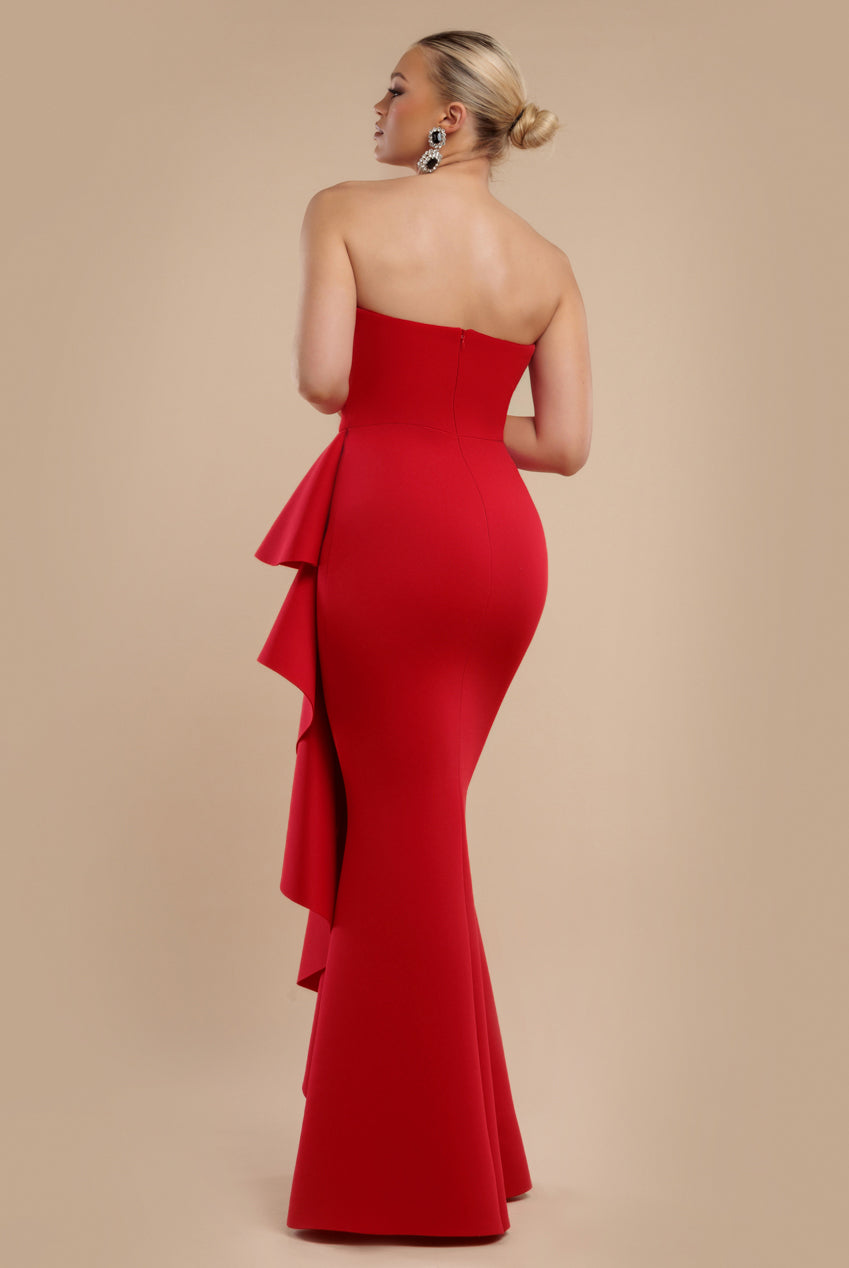 Goddiva Boobtube Peplum  Waterfall Frill Maxi Dress - Red