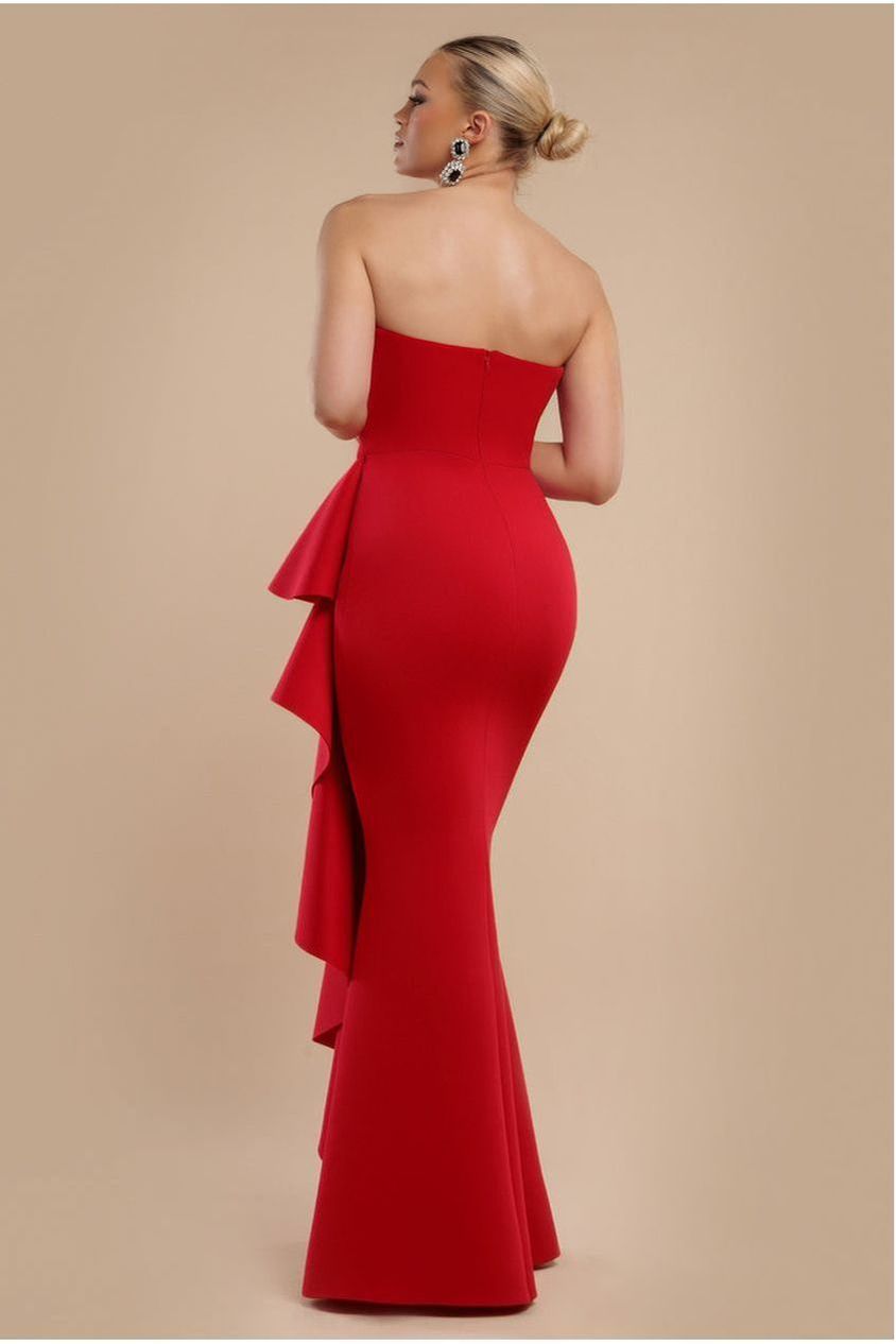 Goddiva Boobtube Peplum  Waterfall Frill Maxi Dress - Red