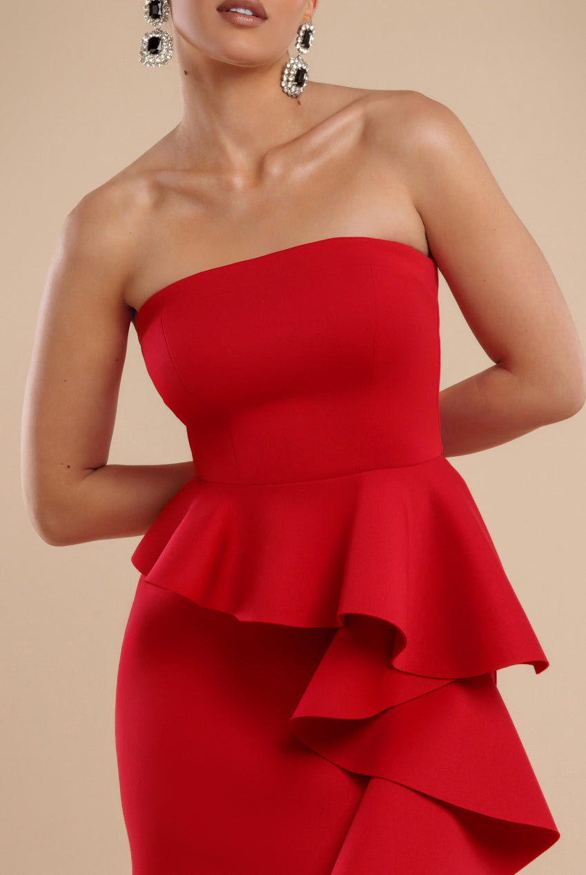 Goddiva Boobtube Peplum  Waterfall Frill Maxi Dress - Red