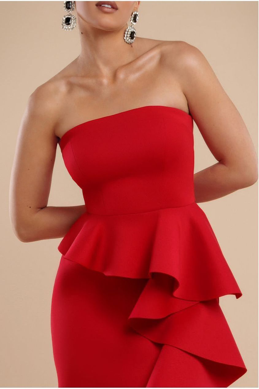 Goddiva Boobtube Peplum  Waterfall Frill Maxi Dress - Red