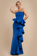 Goddiva Boobtube Peplum  Waterfall Frill Maxi Dress - Royal Blue
