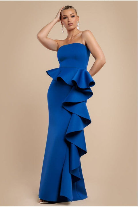 Goddiva Boobtube Peplum  Waterfall Frill Maxi Dress - Royal Blue